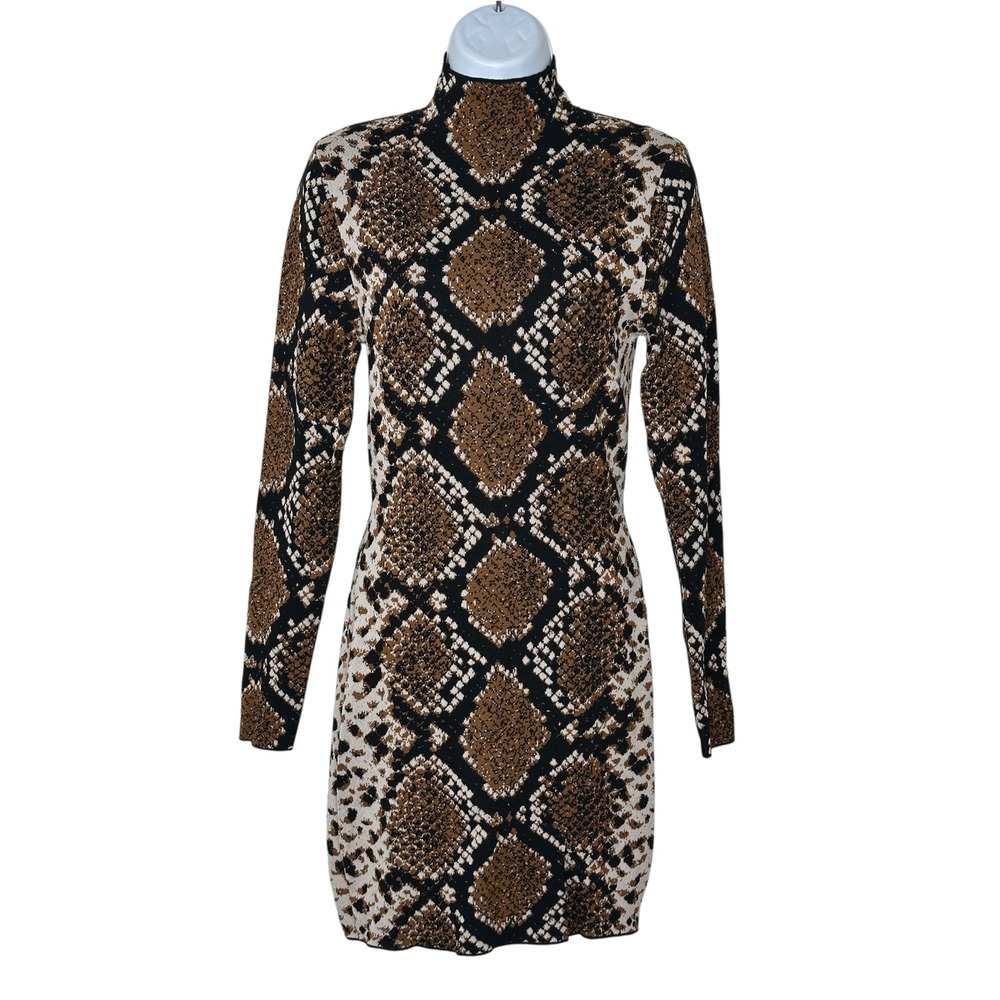 Zara Knit Dress Small Brown Snakeskin Mock Neck Long Sleeve Bodycon Mini Animal